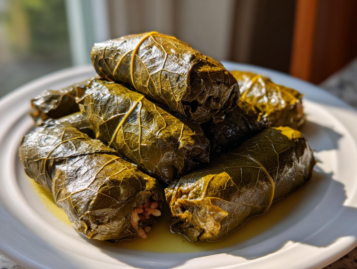 A close-up photo of a stack of glistening, dark green lemony rice-stuffed grape leaves resting in olive oil on a white plate.
