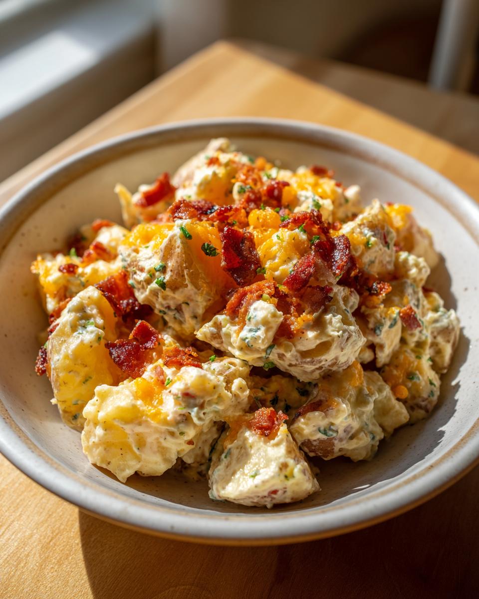 A close-up of creamy baked potato salad topped generously with crispy bacon bits and shredded cheddar cheese.