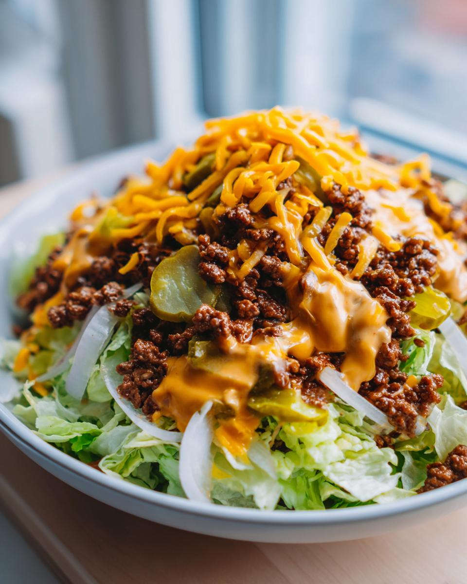 A close-up of a hearty big mac salad featuring chopped lettuce, seasoned ground beef, pickles, onions, and topped with shredded cheese and special sauce.