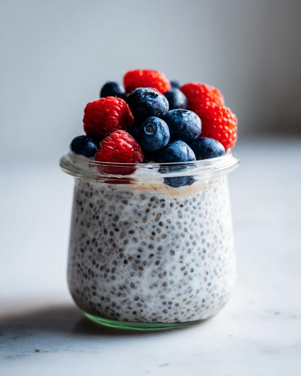 Close-up of a glass jar filled with low calorie chia pudding snack topped generously with fresh blueberries and raspberries.