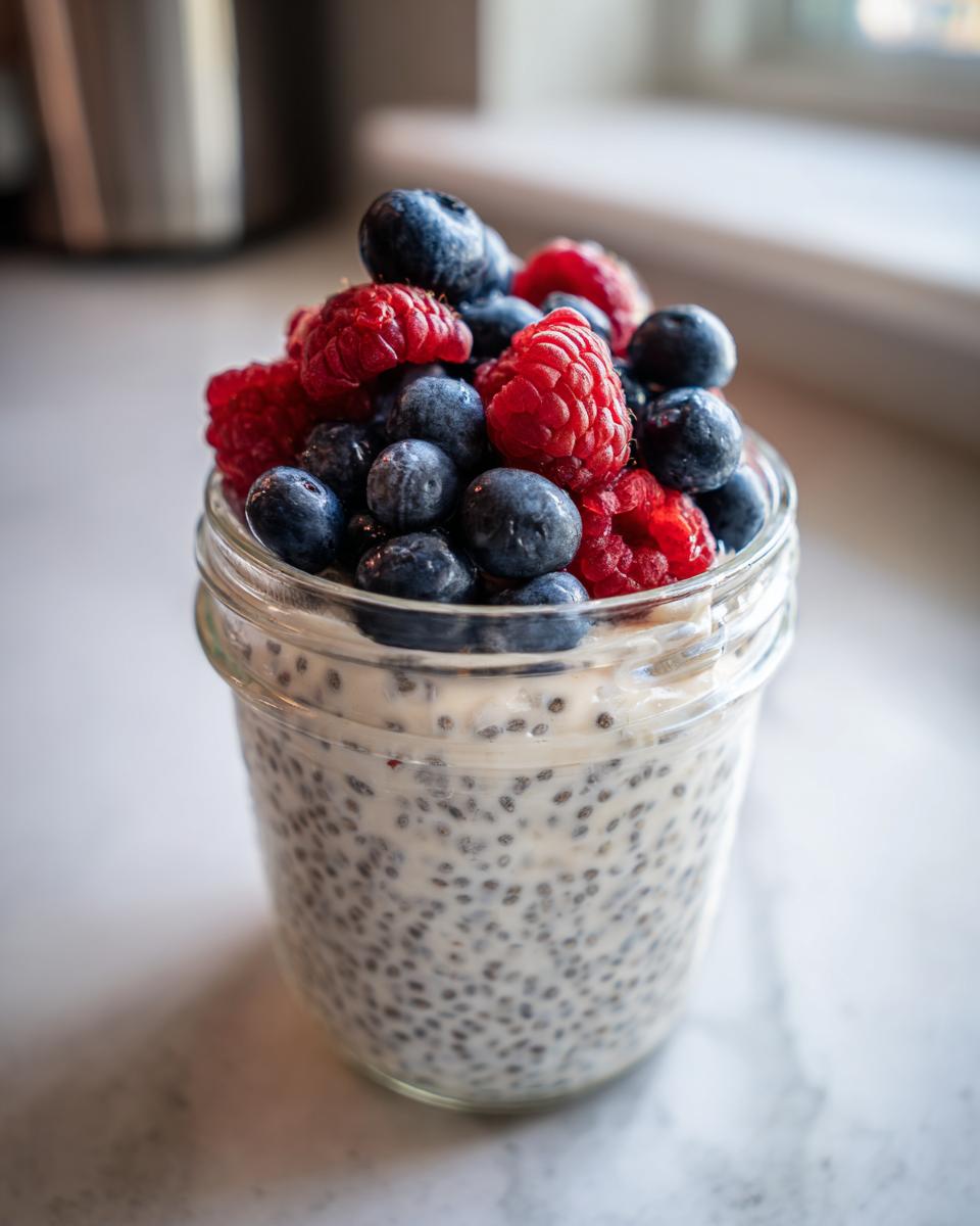 A glass jar filled with low calorie chia pudding snack topped generously with fresh blueberries and raspberries.
