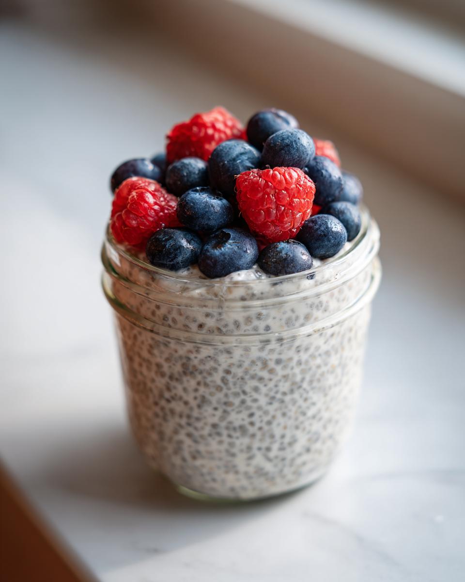 A glass jar filled with low calorie chia pudding snack topped generously with fresh blueberries and raspberries.