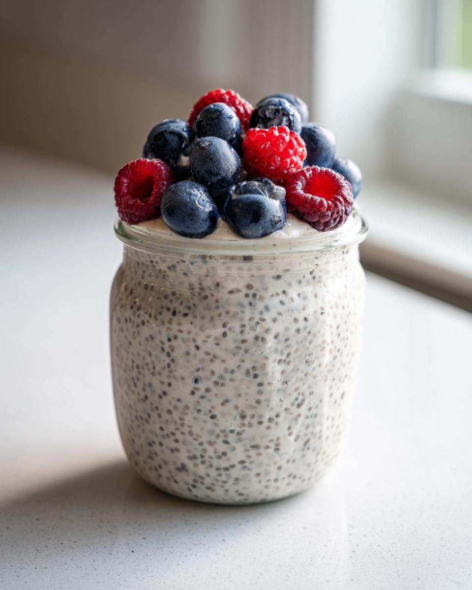 A glass jar filled with creamy low calorie chia pudding snack, topped generously with fresh blueberries and raspberries.