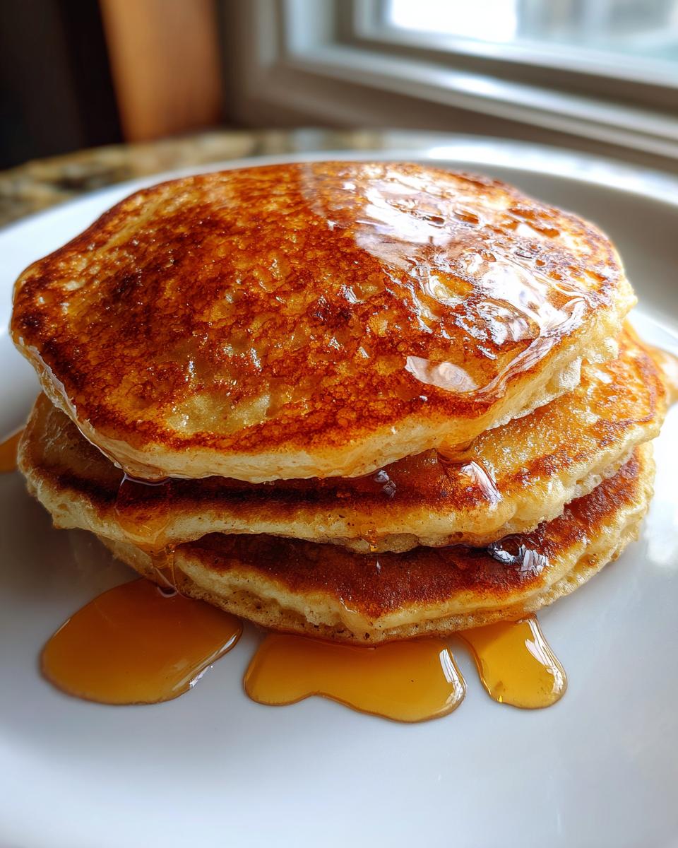 A close-up stack of three golden brown maple ginger pancakes generously drizzled with syrup.