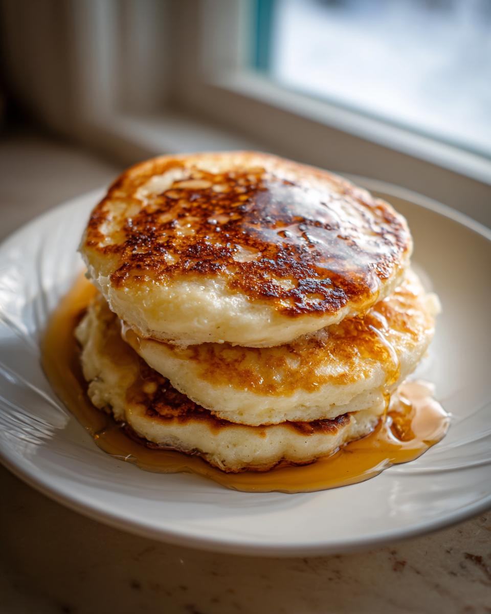 A stack of three fluffy pancakes drizzled with syrup, representing delicious maple ginger pancakes.