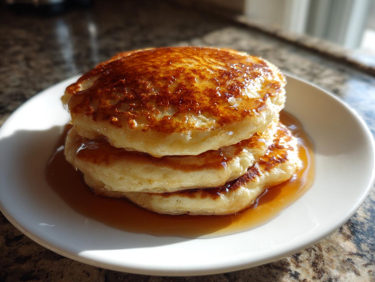 A stack of three fluffy maple ginger pancakes drizzled generously with golden syrup on a white plate.