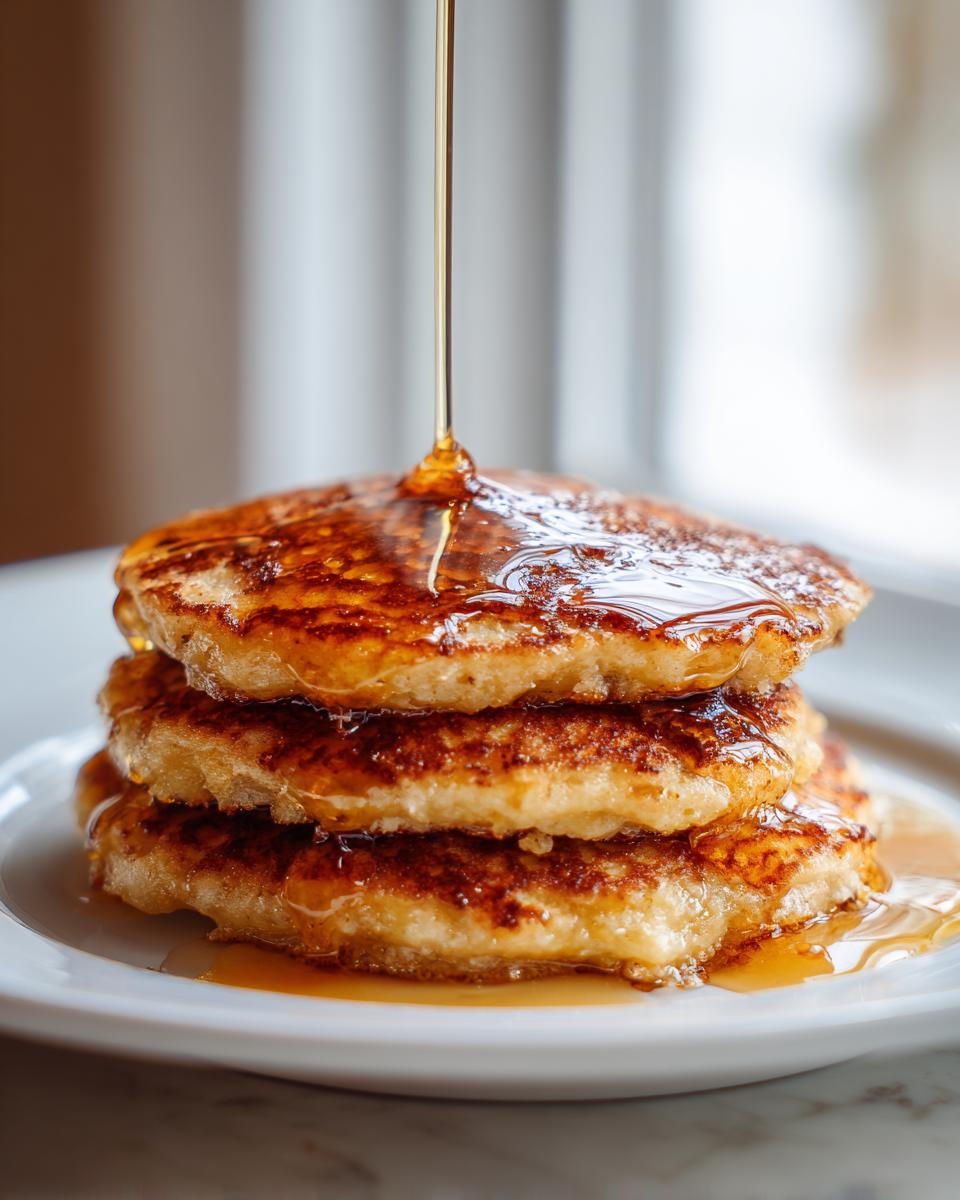 Close-up of a stack of three fluffy maple ginger pancakes being drizzled with golden syrup.