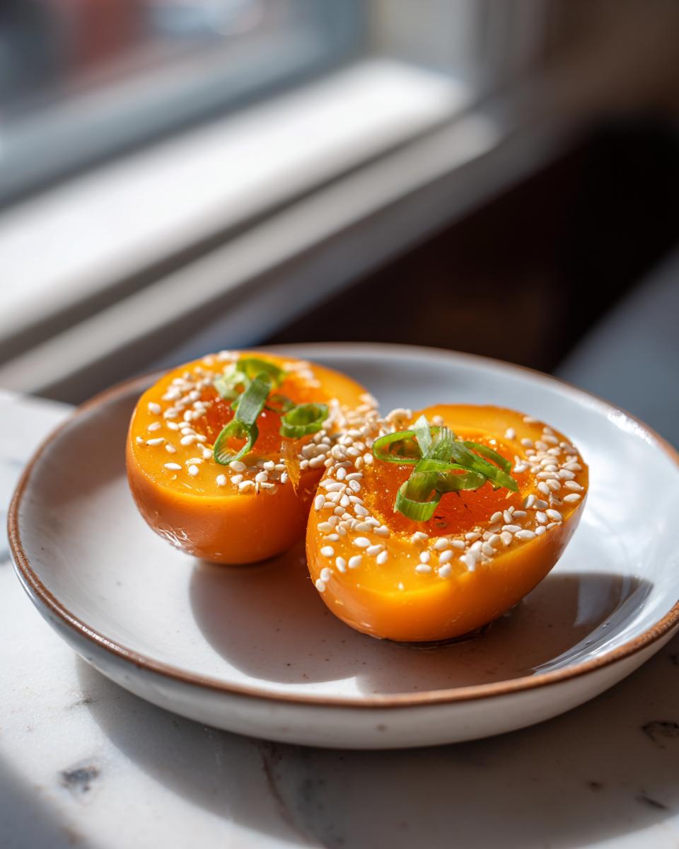 Two halves of a beautifully colored, marinated eggs, topped with sesame seeds and sliced green onions.
