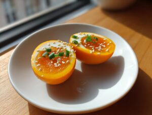 Two halves of a perfectly cooked, soft-yolked marinated eggs, garnished with sesame seeds and chives.
