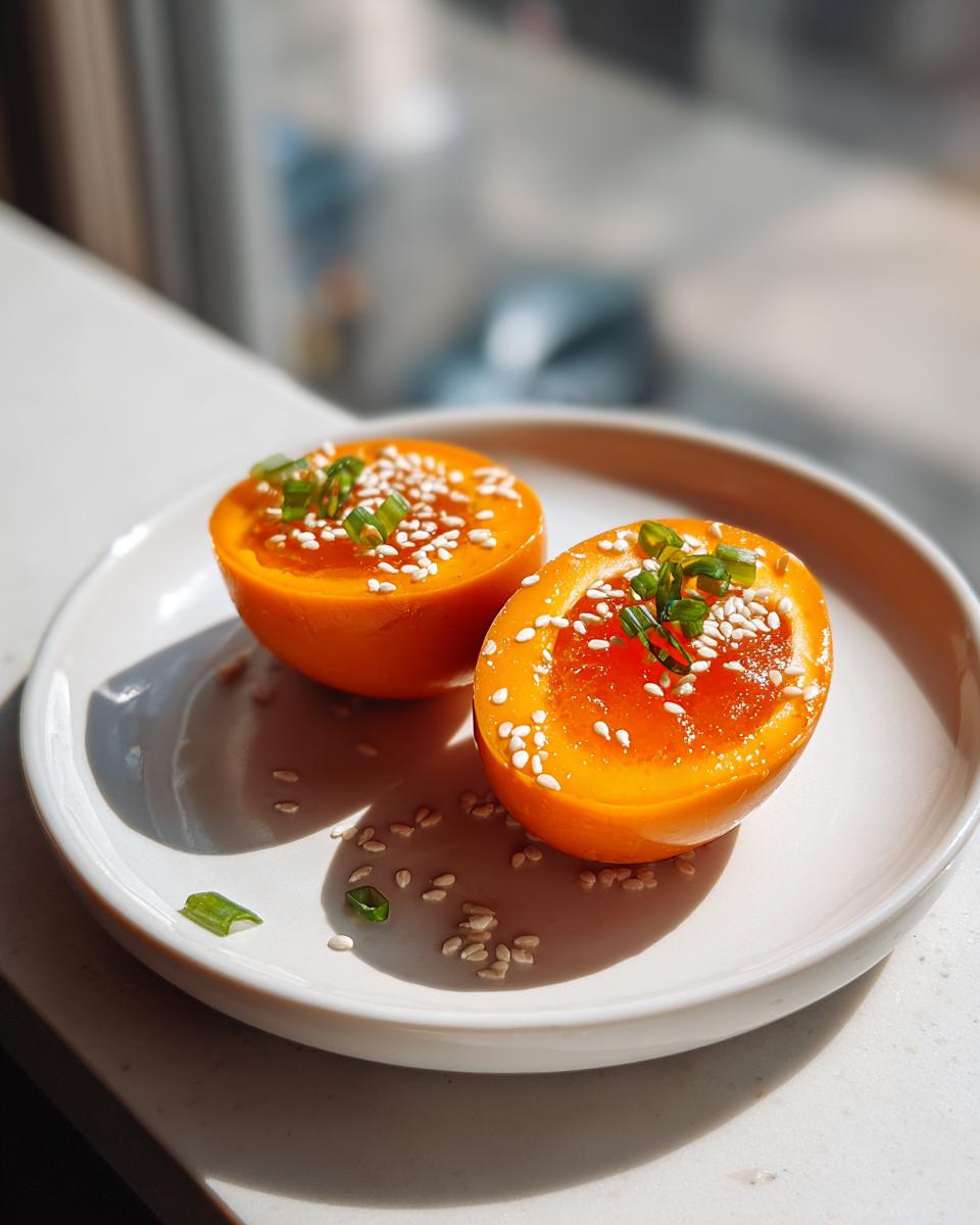 Two halves of bright orange marinated eggs with jammy yolks, topped with sesame seeds and chives.