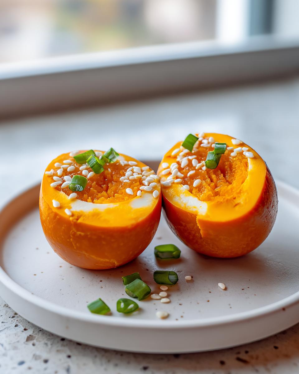 Two halves of a deeply orange marinated eggs, topped with white sesame seeds and chopped green onion.