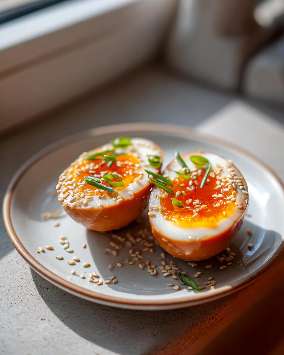 Two halves of perfectly cooked marinated eggs showing jammy orange yolks, topped with sesame seeds and green onions.