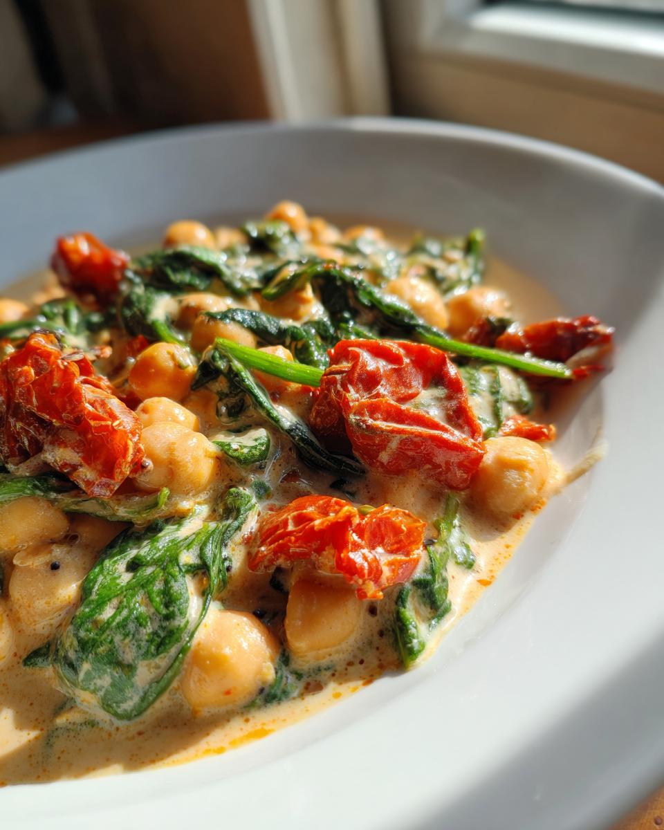 Close-up of creamy marry me chickpeas dish with wilted spinach and sun-dried tomatoes in a white bowl.