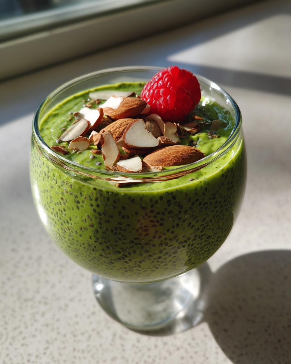 Close-up of vibrant green matcha chia pudding topped with sliced almonds, chia seeds, and a fresh raspberry.