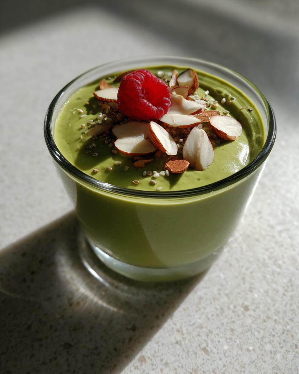 Close-up of vibrant green matcha chia pudding topped with a raspberry, sliced almonds, and seeds.