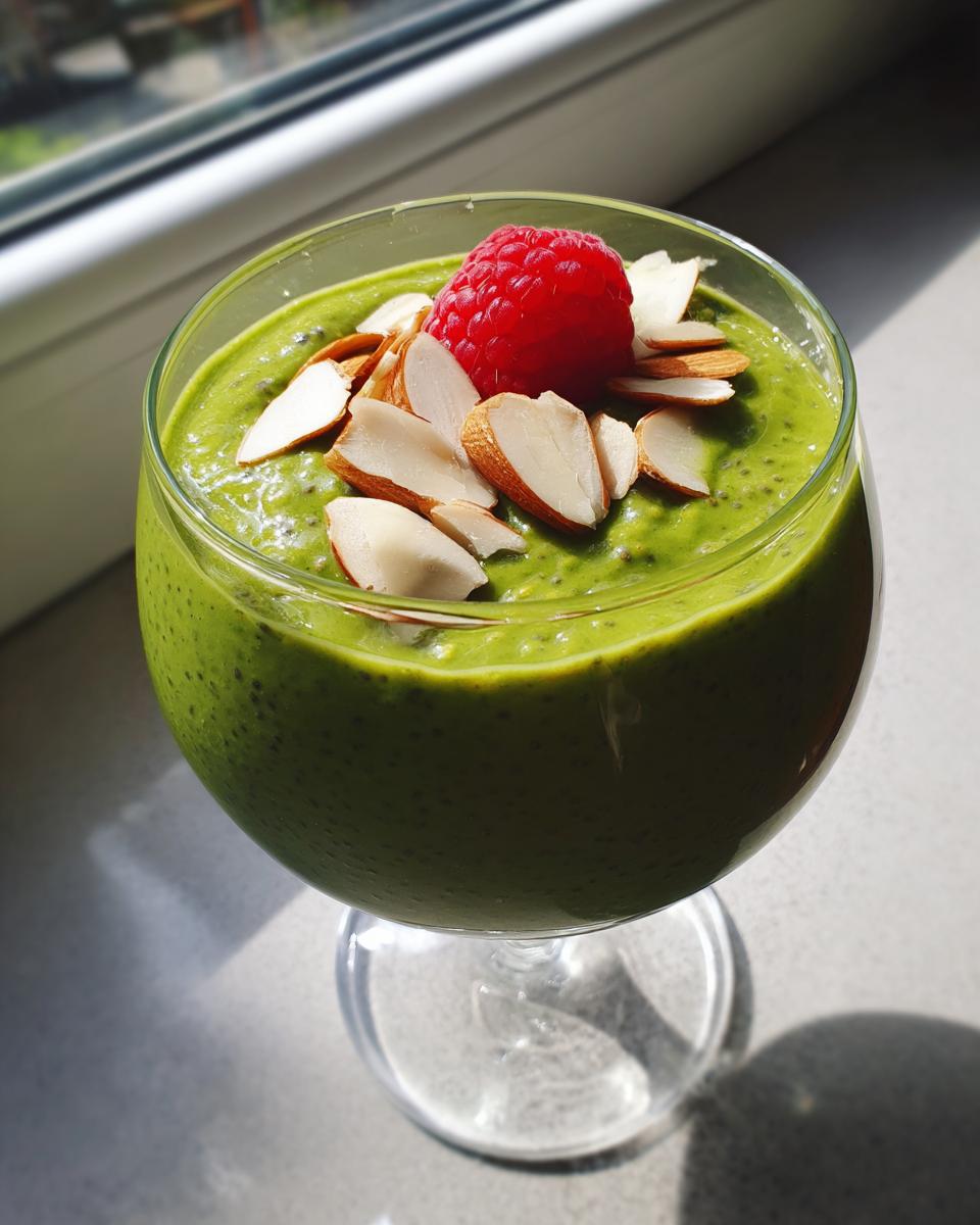 Close-up of a vibrant green matcha chia pudding in a glass, topped with a fresh raspberry and sliced almonds.