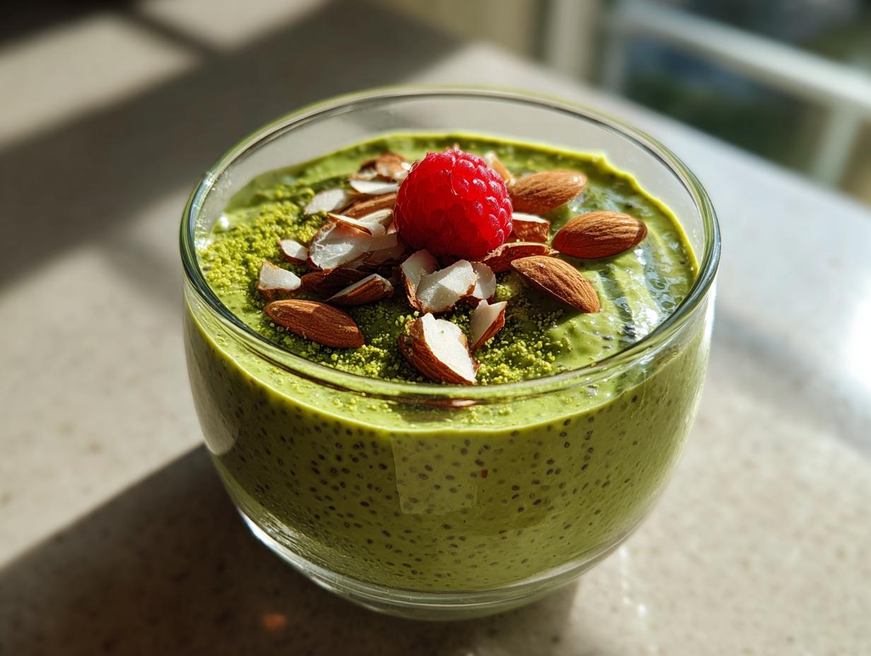 Close-up of vibrant green matcha chia pudding topped with sliced almonds, matcha powder, and a single fresh raspberry.