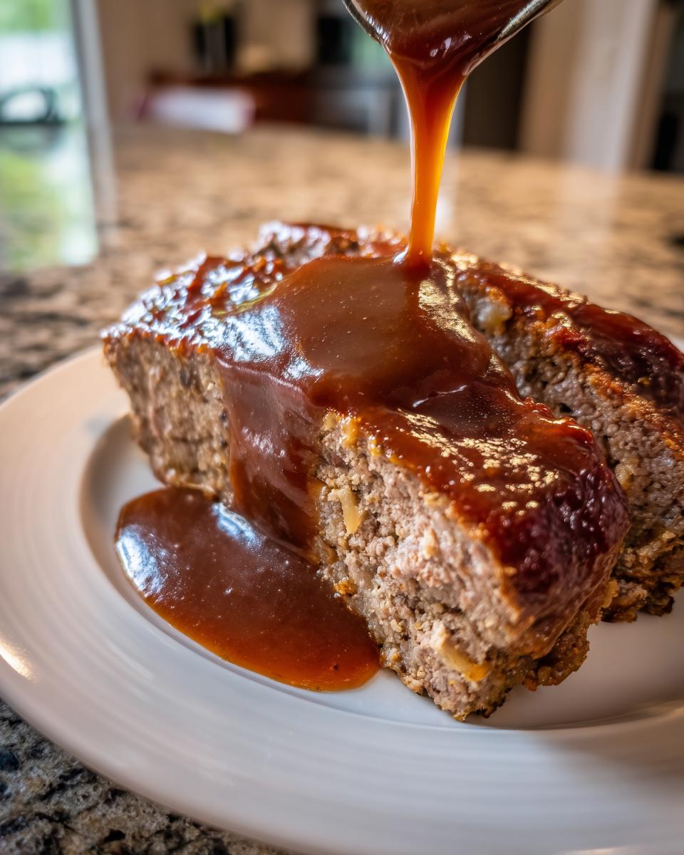 A close-up shot of a thick slice of meatloaf being generously covered with rich mushroom gravy being poured from above.