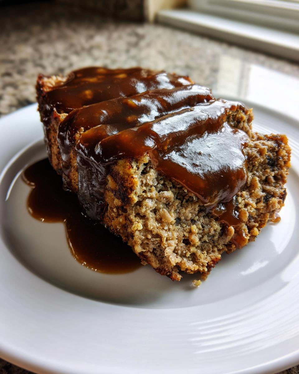 Close-up of thick slices of meatloaf with mushroom gravy generously poured over the top, served on a white plate.