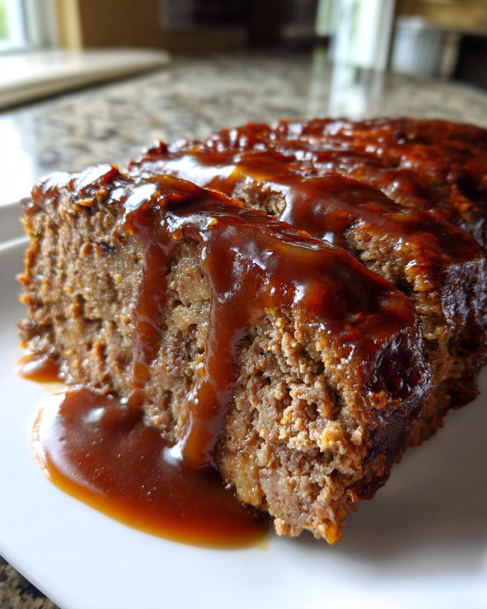 Close-up of sliced meatloaf generously covered in glossy brown mushroom gravy, served on a white plate.
