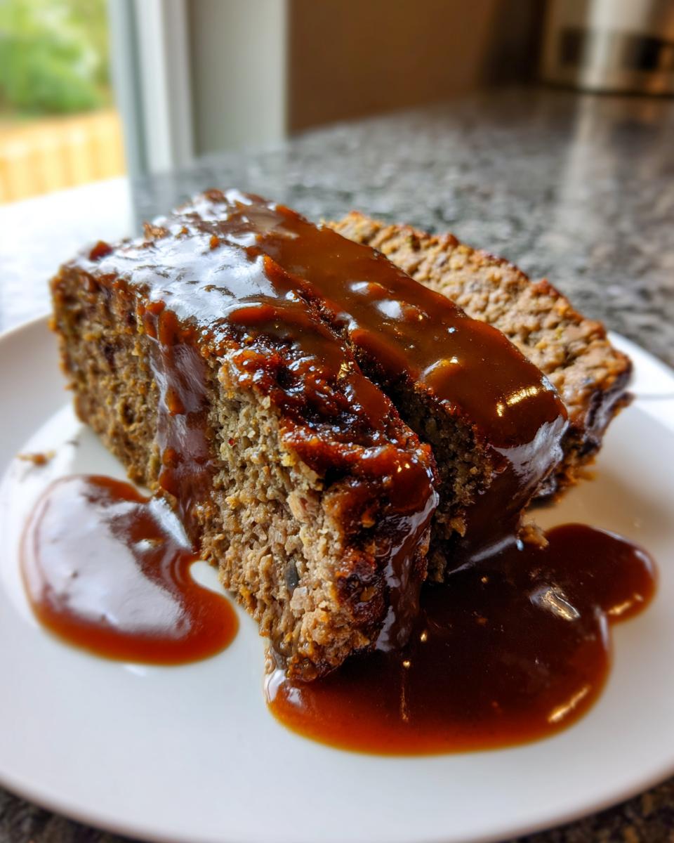Two thick slices of savory meatloaf generously covered in rich, glossy mushroom gravy on a white plate.