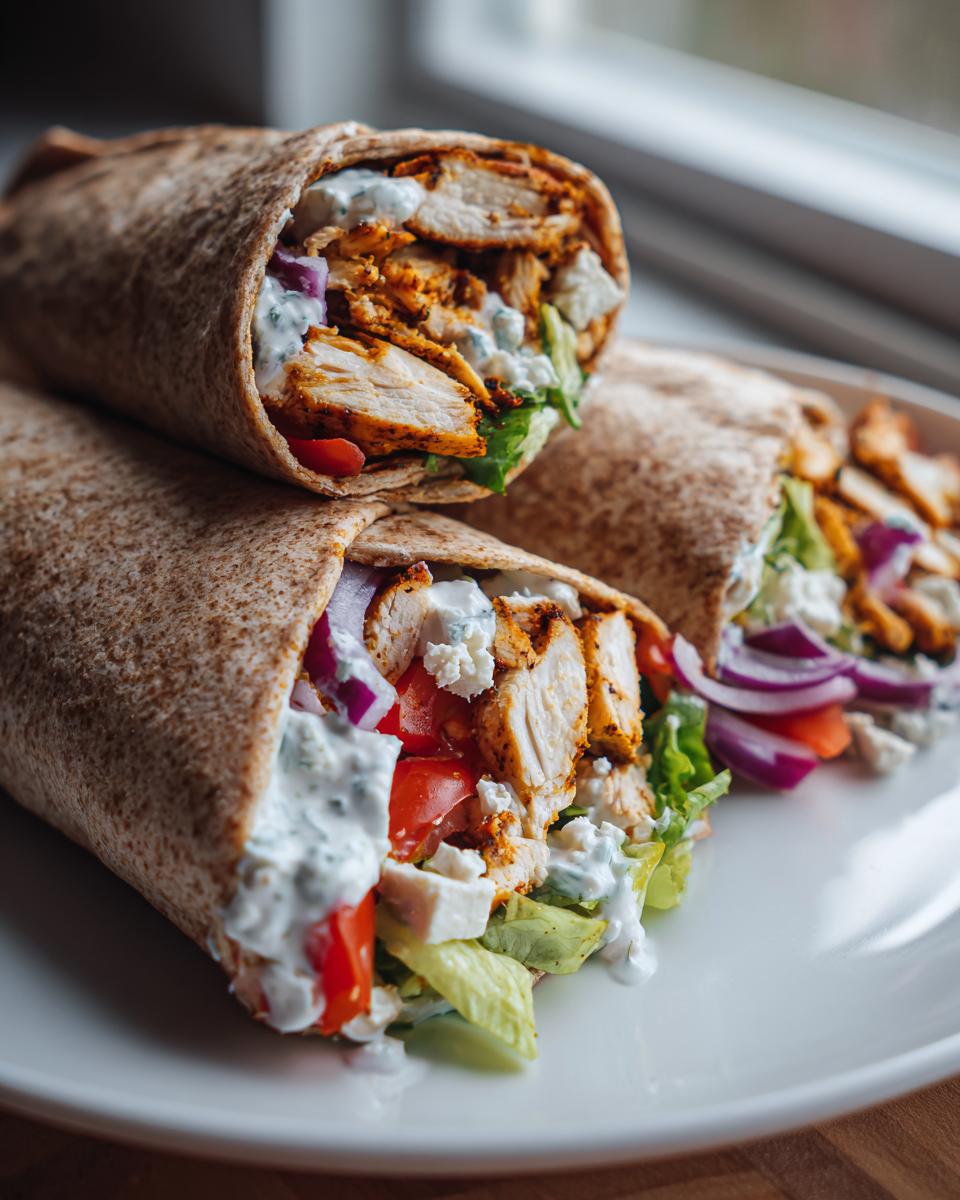 Two halves of a flavorful mediterranean wrap filled with seasoned chicken, lettuce, tomato, onion, and tzatziki sauce.