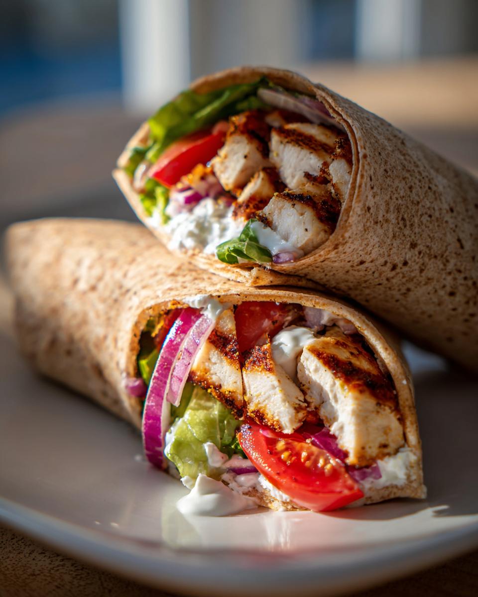 Two halves of a grilled chicken mediterranean wrap filled with lettuce, tomato, red onion, and white sauce, resting on a plate.
