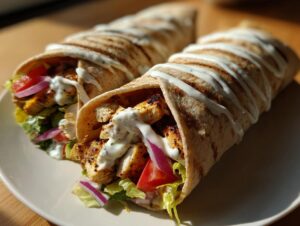 Two halves of a grilled Mediterranean wrap filled with chicken, lettuce, tomato, red onion, and drizzled with white sauce.