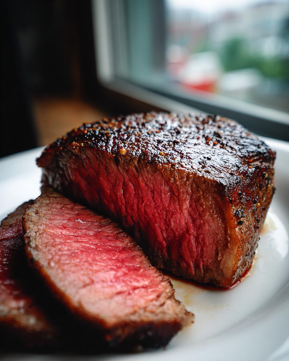 Close-up of a thick, medium-rare air fryer steak, sliced to show the juicy red center and seasoned crust.