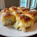 Close-up of freshly baked ham and cheese sliders showing gooey, melted cheese stretching out from a soft roll.