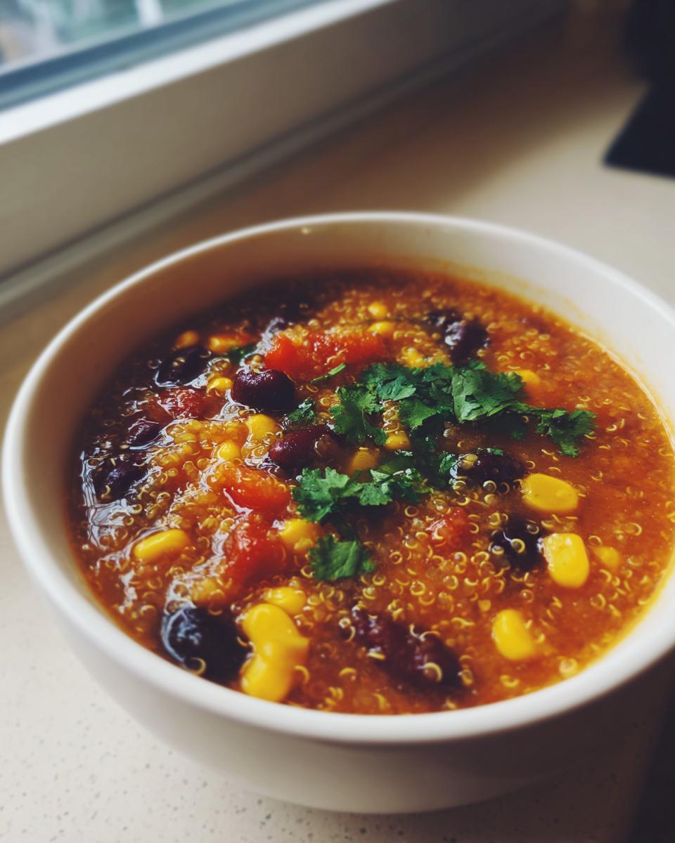 Close-up of a white bowl filled with vibrant Mexican quinoa soup, featuring corn, black beans, and fresh cilantro.
