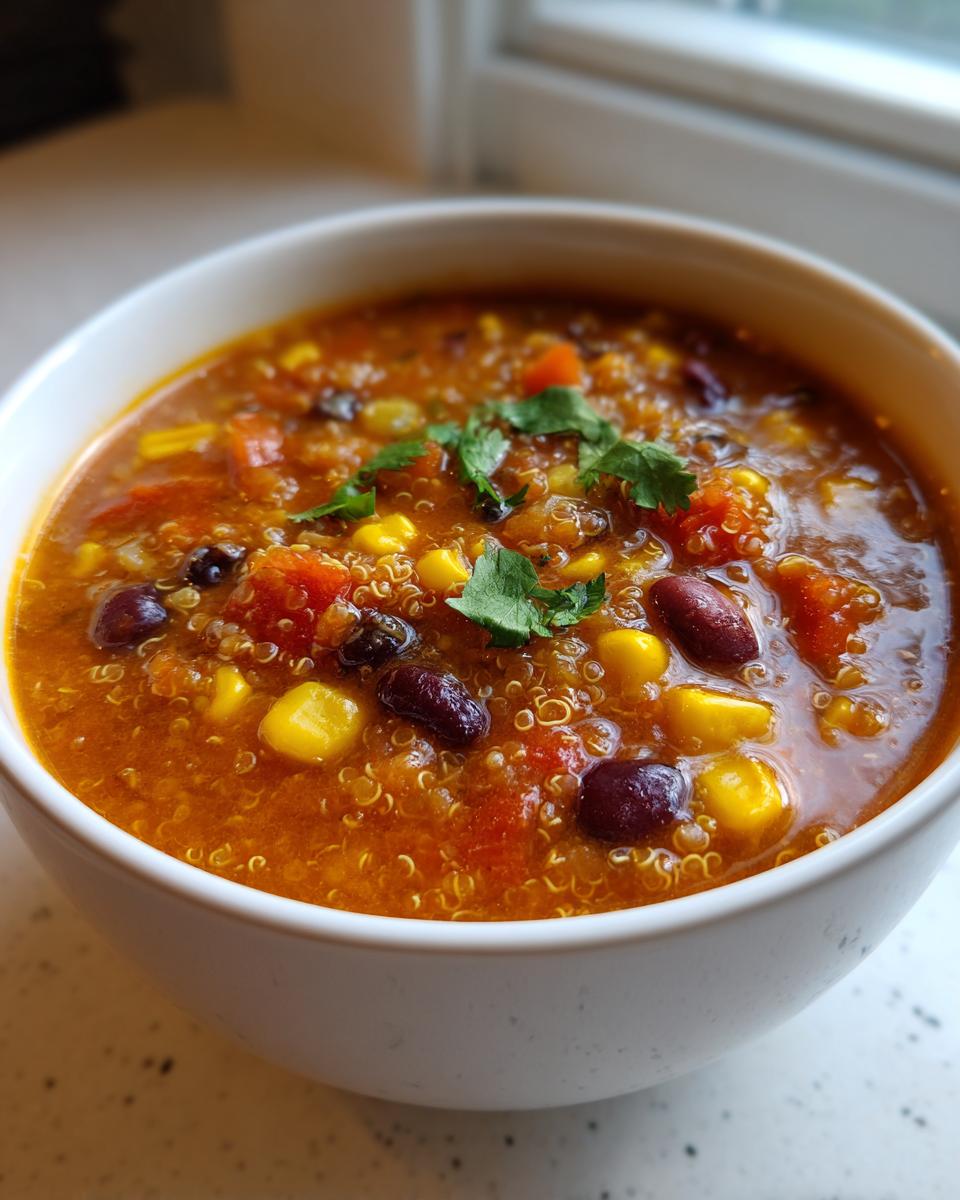 A close-up of a bowl of vibrant Mexican quinoa soup, featuring corn, kidney beans, and cilantro garnish.