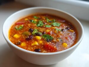 Close-up of a steaming bowl of Mexican quinoa soup filled with corn, black beans, tomatoes, and cilantro.