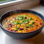 A dark bowl filled with steaming Mexican quinoa soup, featuring visible quinoa, kidney beans, corn, and fresh cilantro garnish.