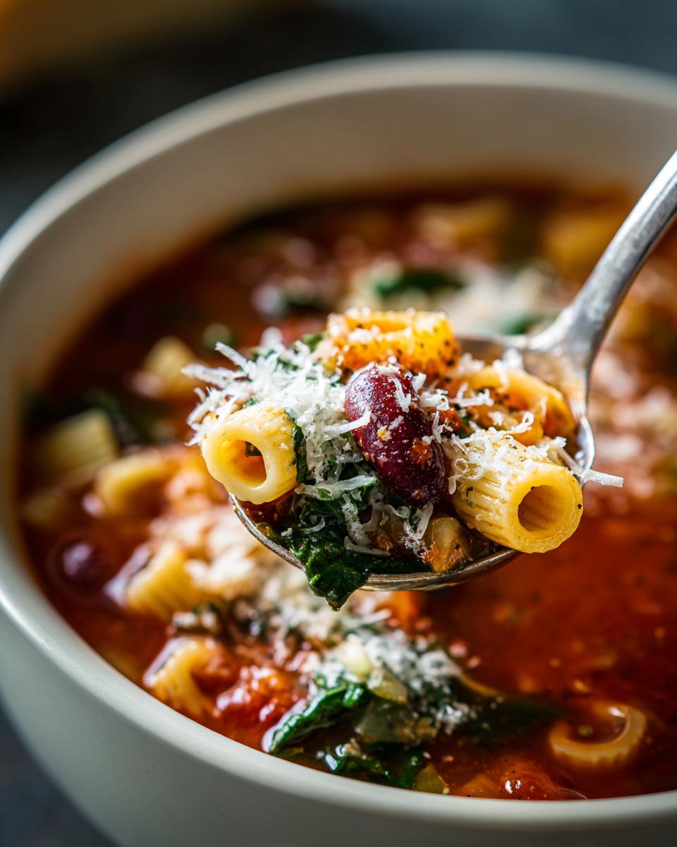 A spoonful of rich minestrone soup featuring pasta, kidney beans, greens, and grated Parmesan cheese.