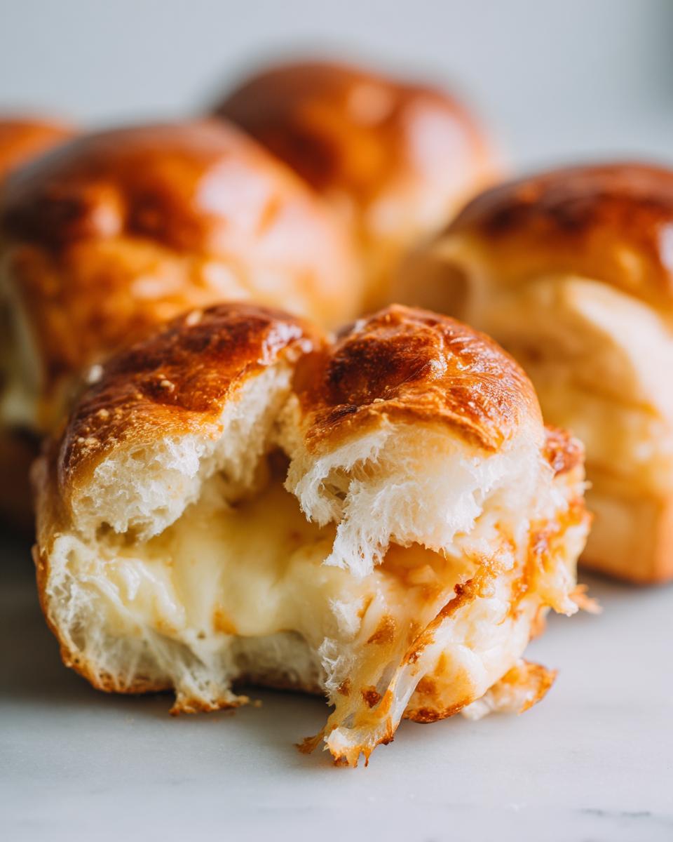 Close-up of a mini grilled cheese hawaiian rolls pulled open, showing gooey melted cheese inside the soft, golden bun.