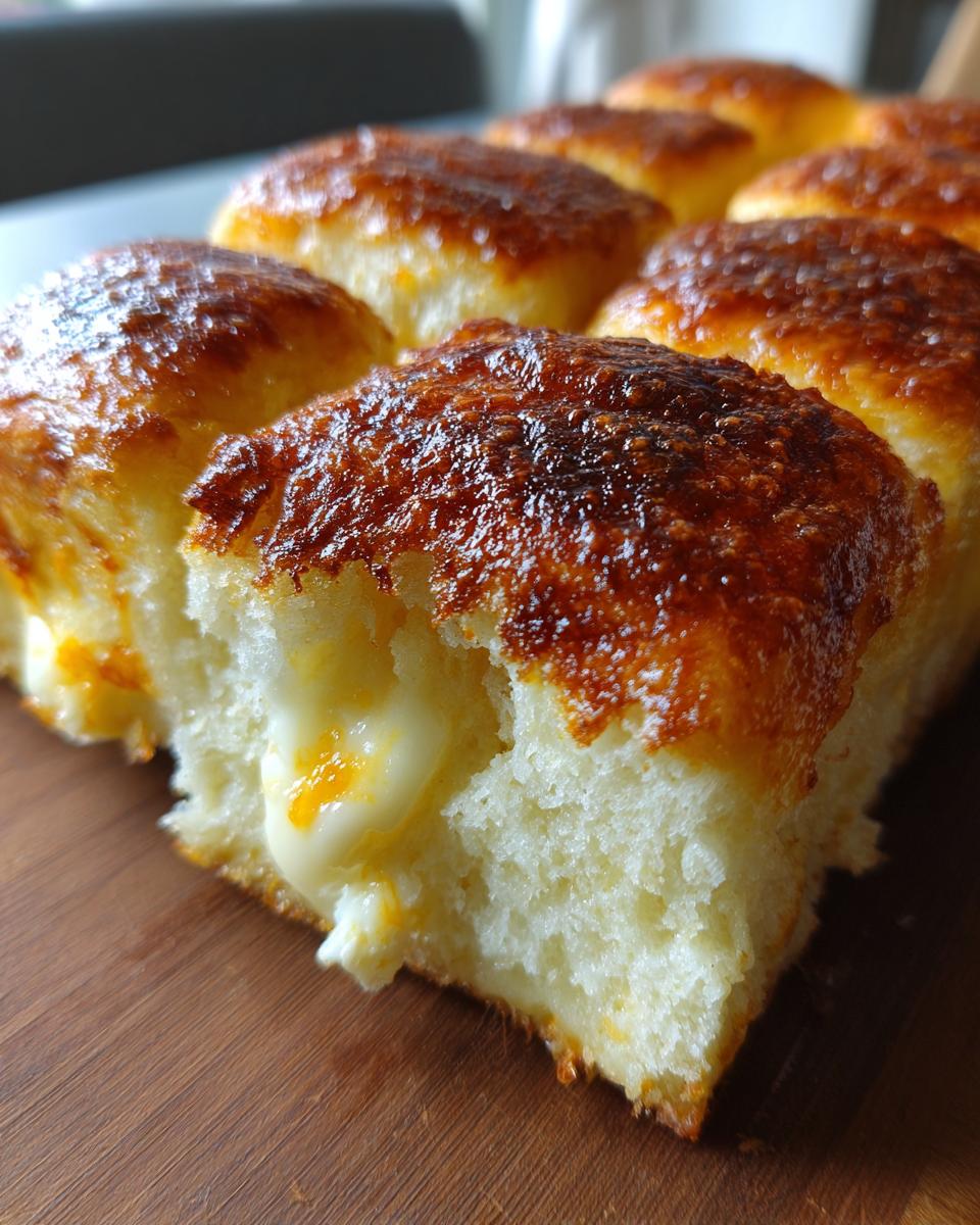 Close-up of a torn mini grilled cheese hawaiian rolls showing gooey, melted cheese inside the soft bread.