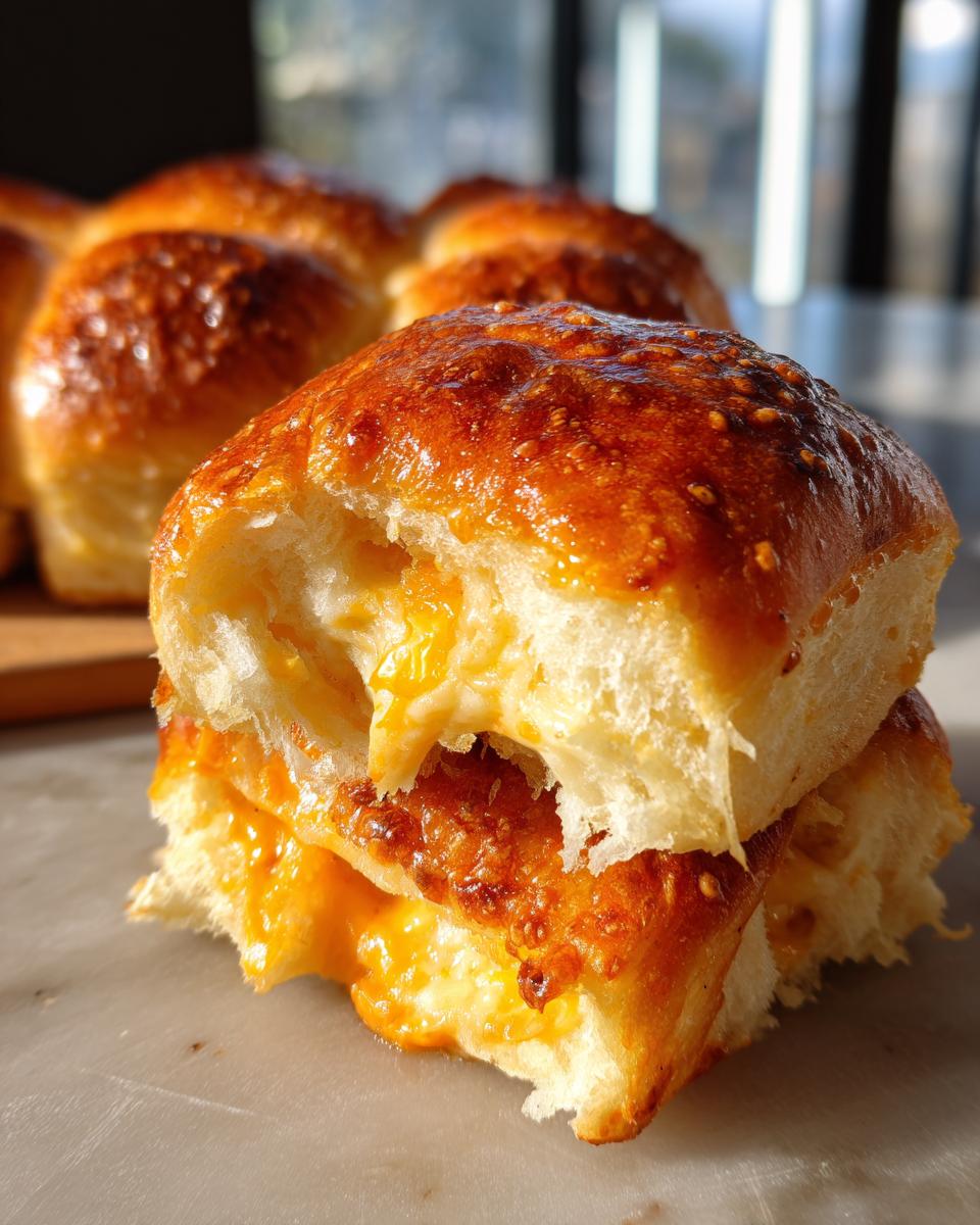 Close-up of two halves of a mini grilled cheese hawaiian rolls stacked, showing gooey melted cheddar cheese inside.