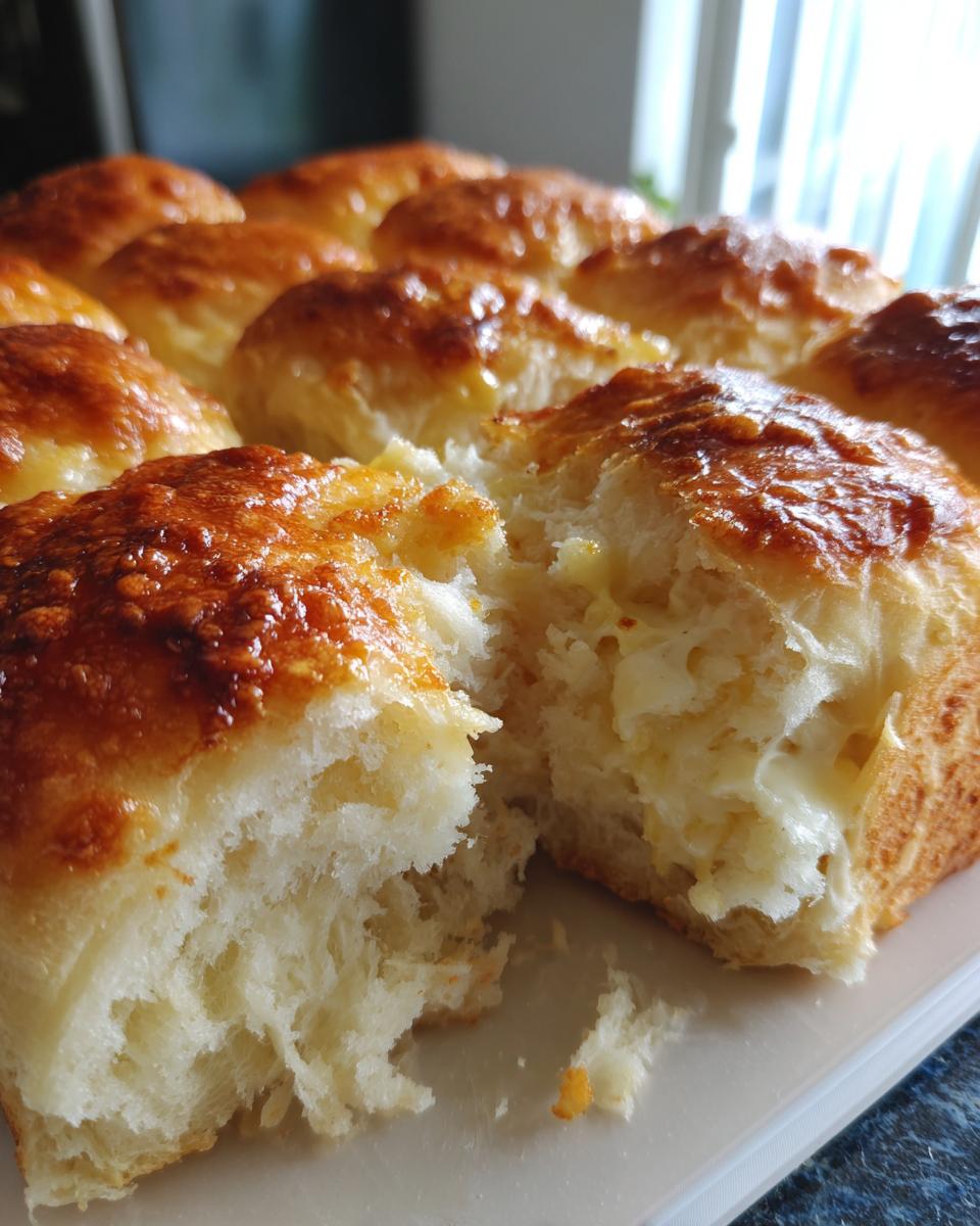 A close-up view of golden-brown mini grilled cheese hawaiian rolls, with one roll pulled apart revealing melted cheese inside.