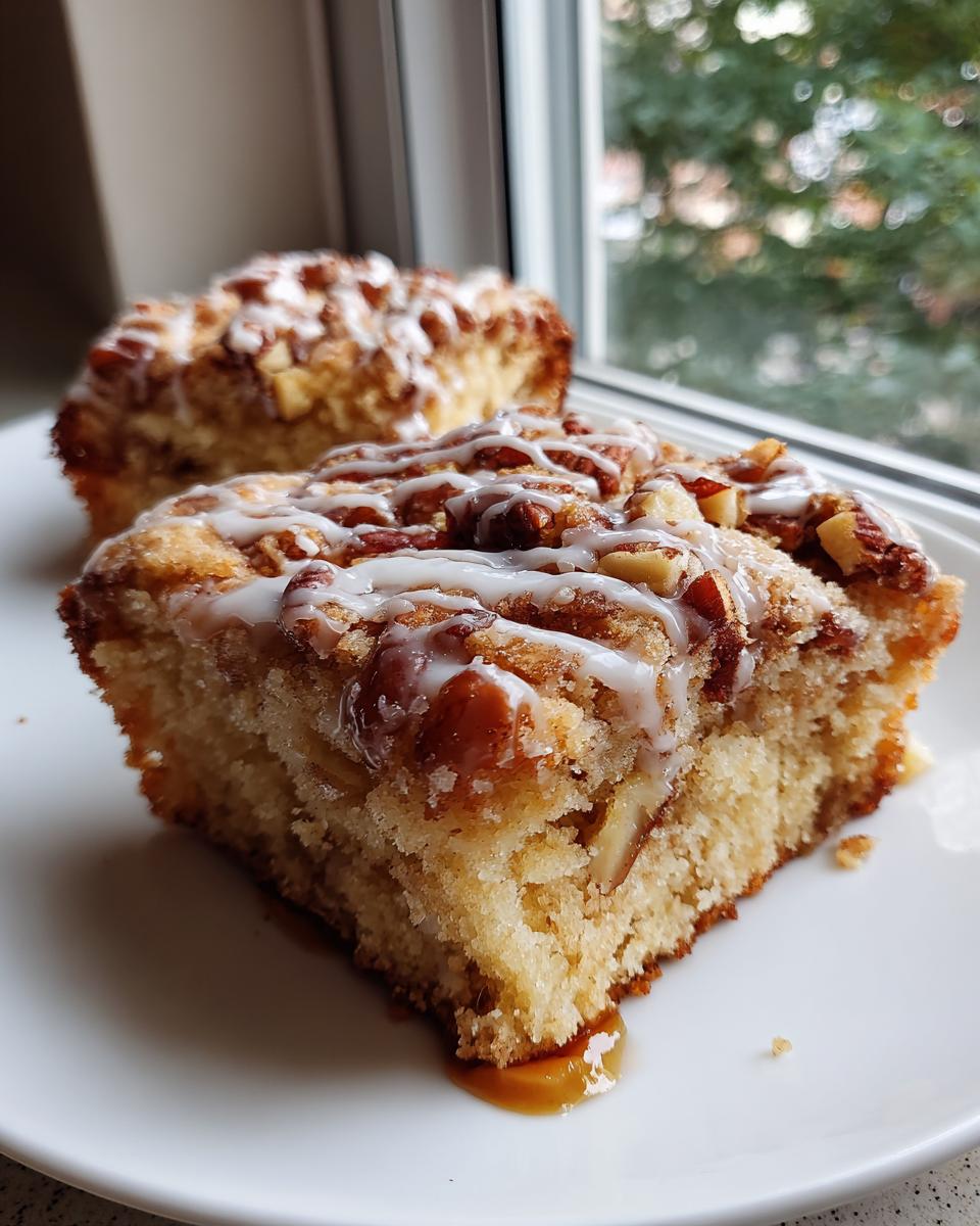 Close-up of a moist slice of apple dapple cake topped with nuts and white glaze, sitting on a white plate.