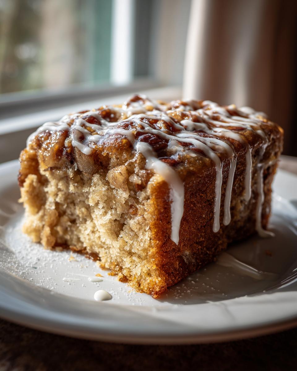 A close-up of a moist slice of apple dapple cake topped with a brown sugar crumble and drizzled with white icing.