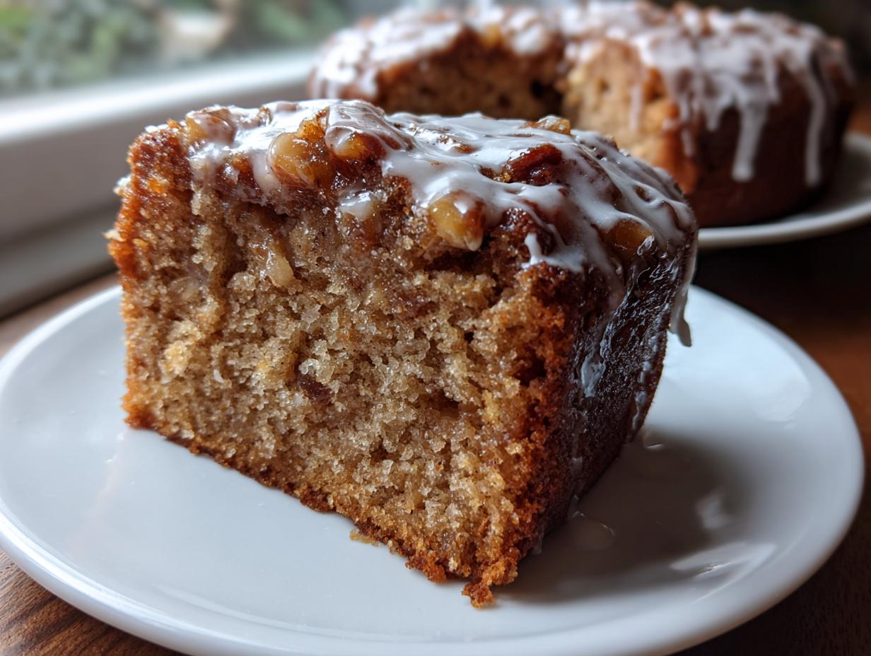 Close-up of a moist slice of apple dapple cake topped with white glaze and walnuts.