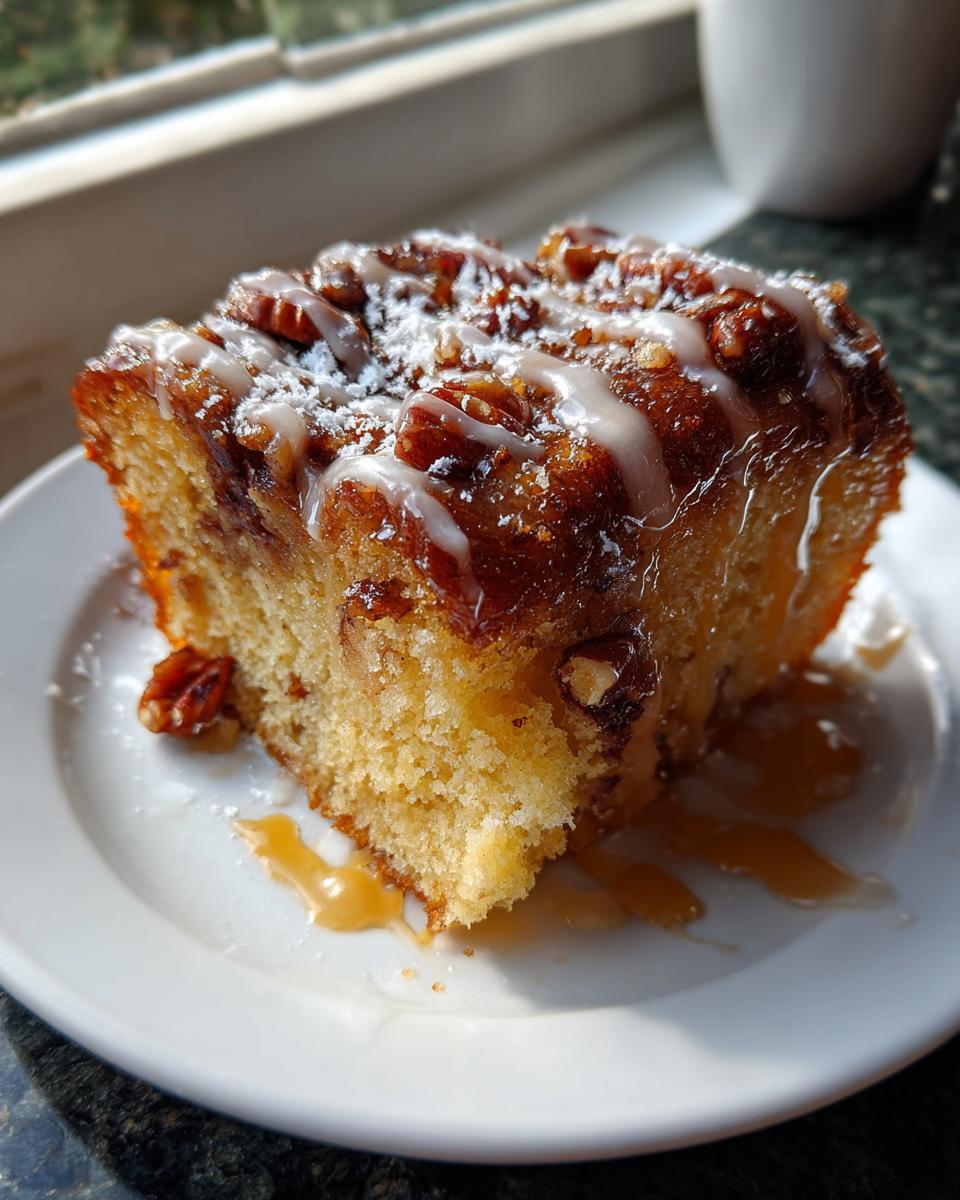 A close-up of a moist slice of apple dapple cake topped with pecans, powdered sugar, and a white glaze.