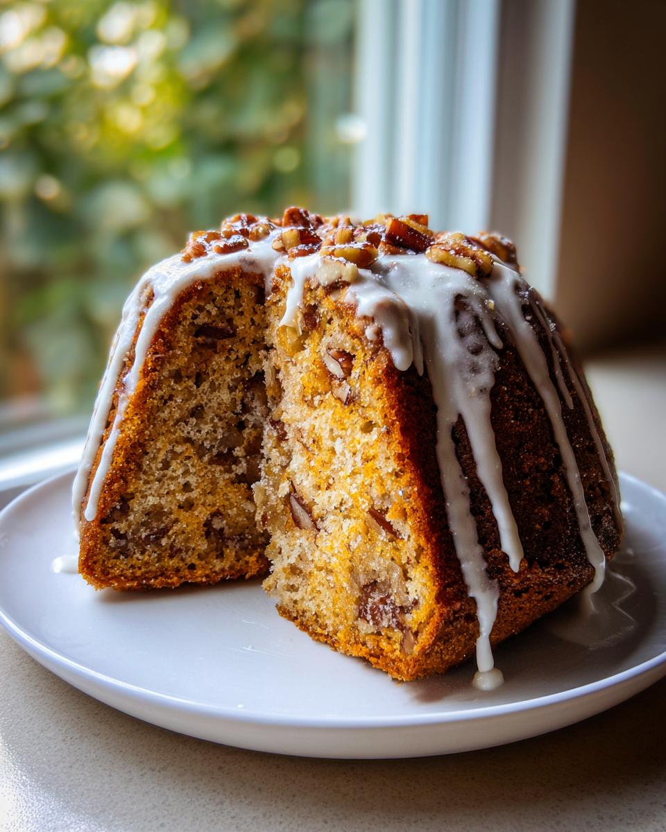 A slice cut from a moist apple dapple cake, topped with white glaze and chopped nuts, sitting on a white plate.