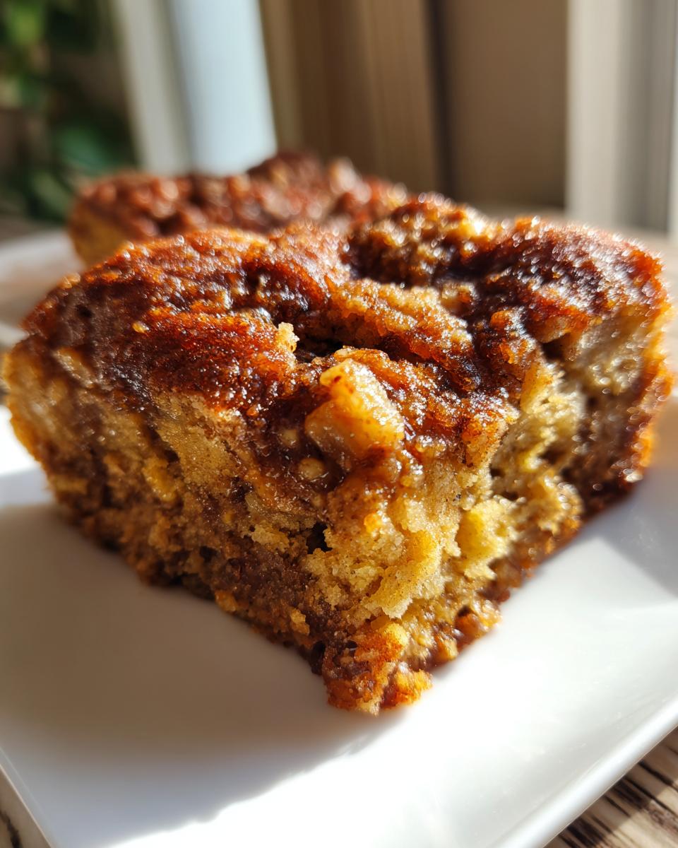 A close-up, sunlit view of a rich, moist slice of banana bread cobbler with a caramelized topping.