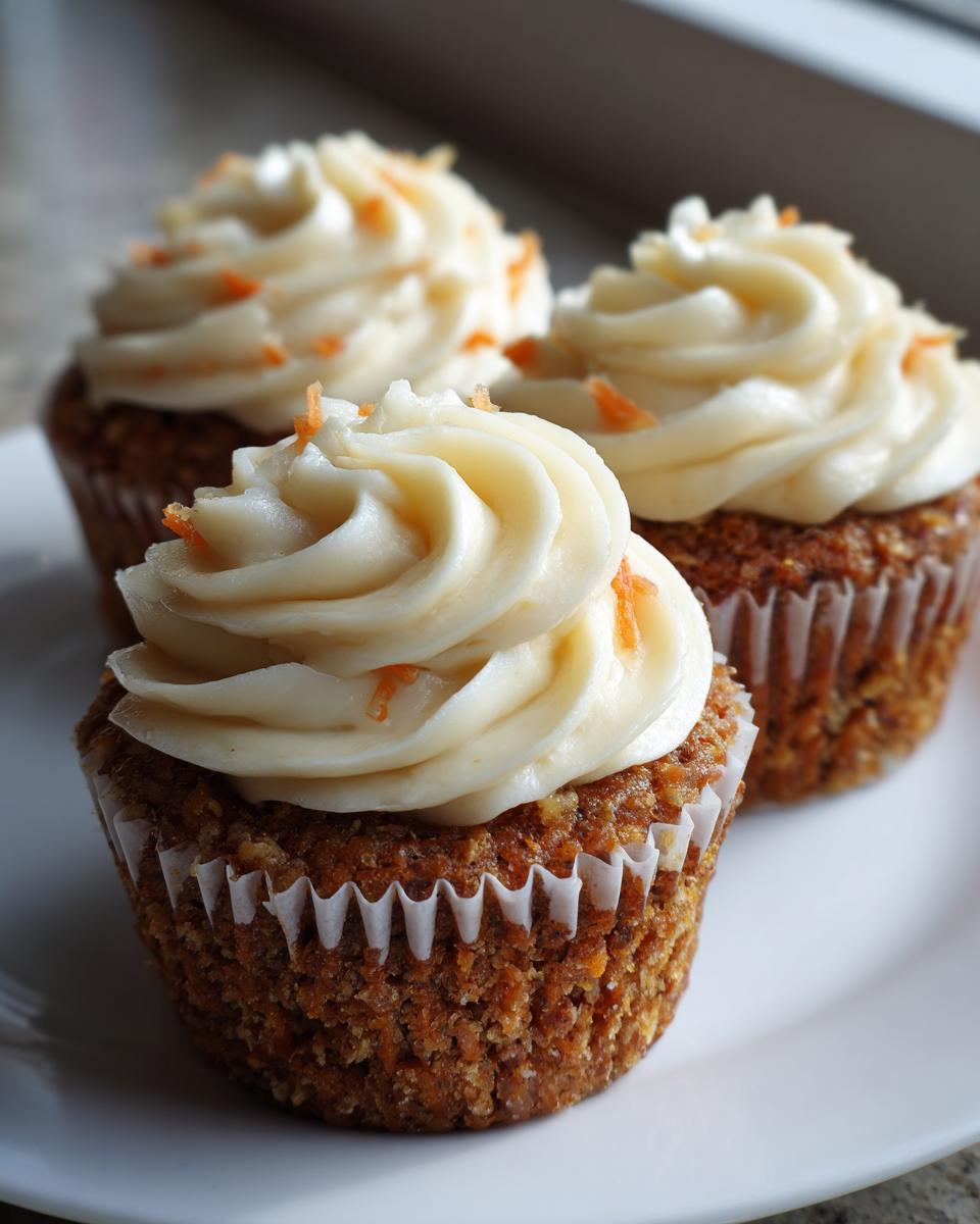 Close-up of three moist carrot cake cupcakes topped with swirls of cream cheese frosting and carrot shavings.