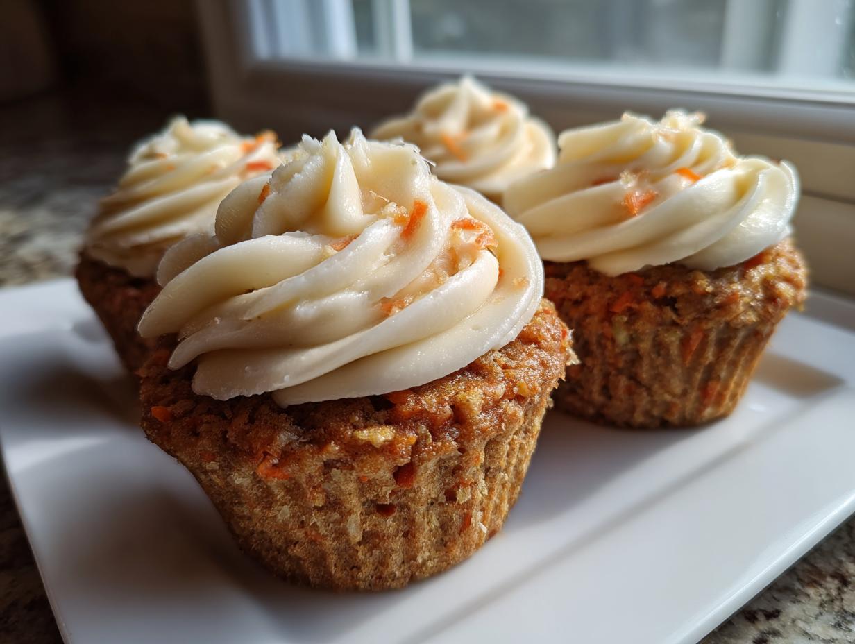 Close-up of four moist carrot cake cupcakes topped with swirled cream cheese frosting and carrot flecks.