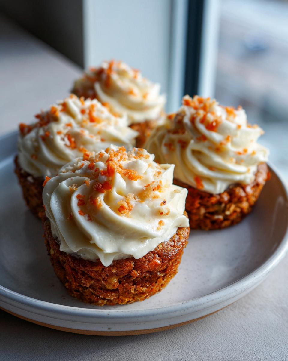 Four delicious moist carrot cake cupcakes topped with thick swirls of cream cheese frosting and orange carrot sprinkles.