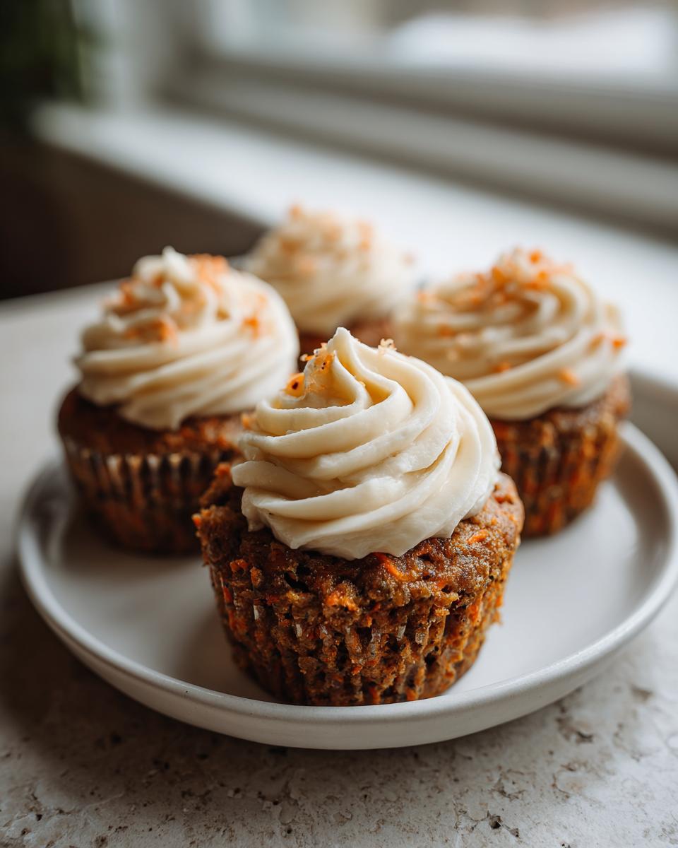 Four moist carrot cake cupcakes topped with thick swirls of cream cheese frosting and carrot zest sprinkles.
