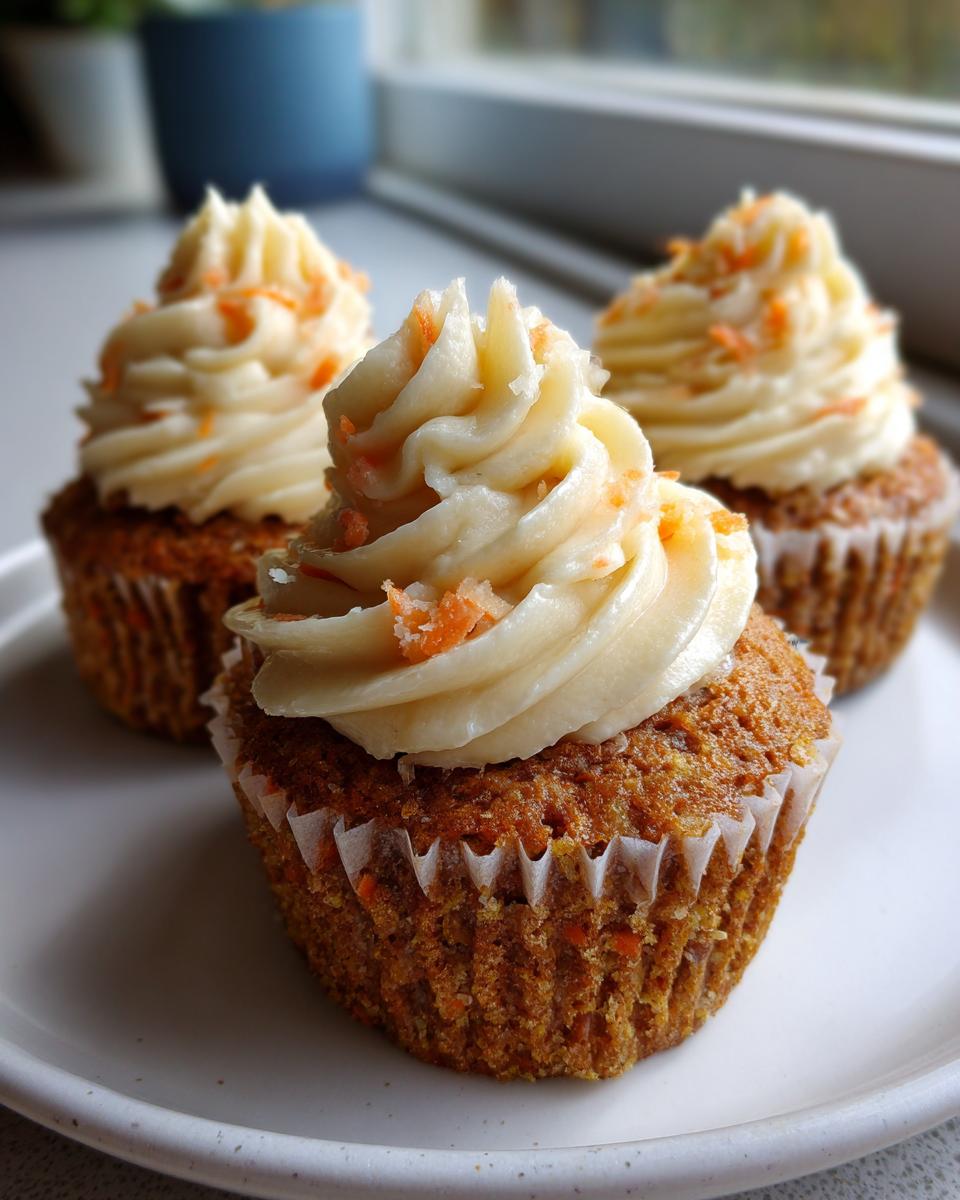 Three moist carrot cake cupcakes topped with thick swirls of cream cheese frosting and shredded carrot sprinkles.